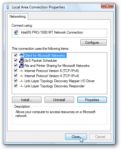 Window Vista-Local Area Connection Properties