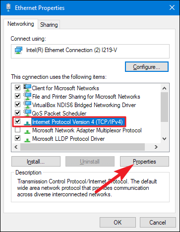 Windows 7,8, or 10-ethernet properties-networking tab-Internet Protocol Version 4