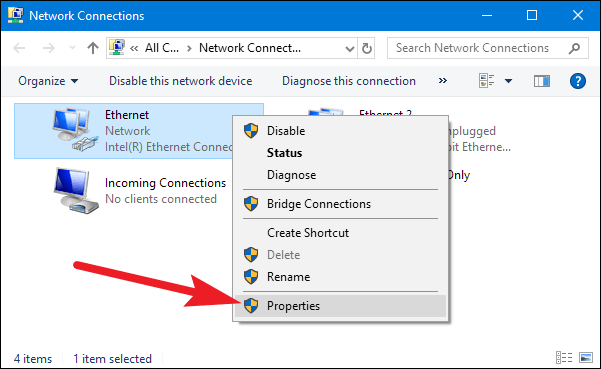 Windows 7,8, or 10-network connection windows properties