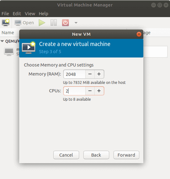 Choose Memory and CPU Settings in virtual machine manager